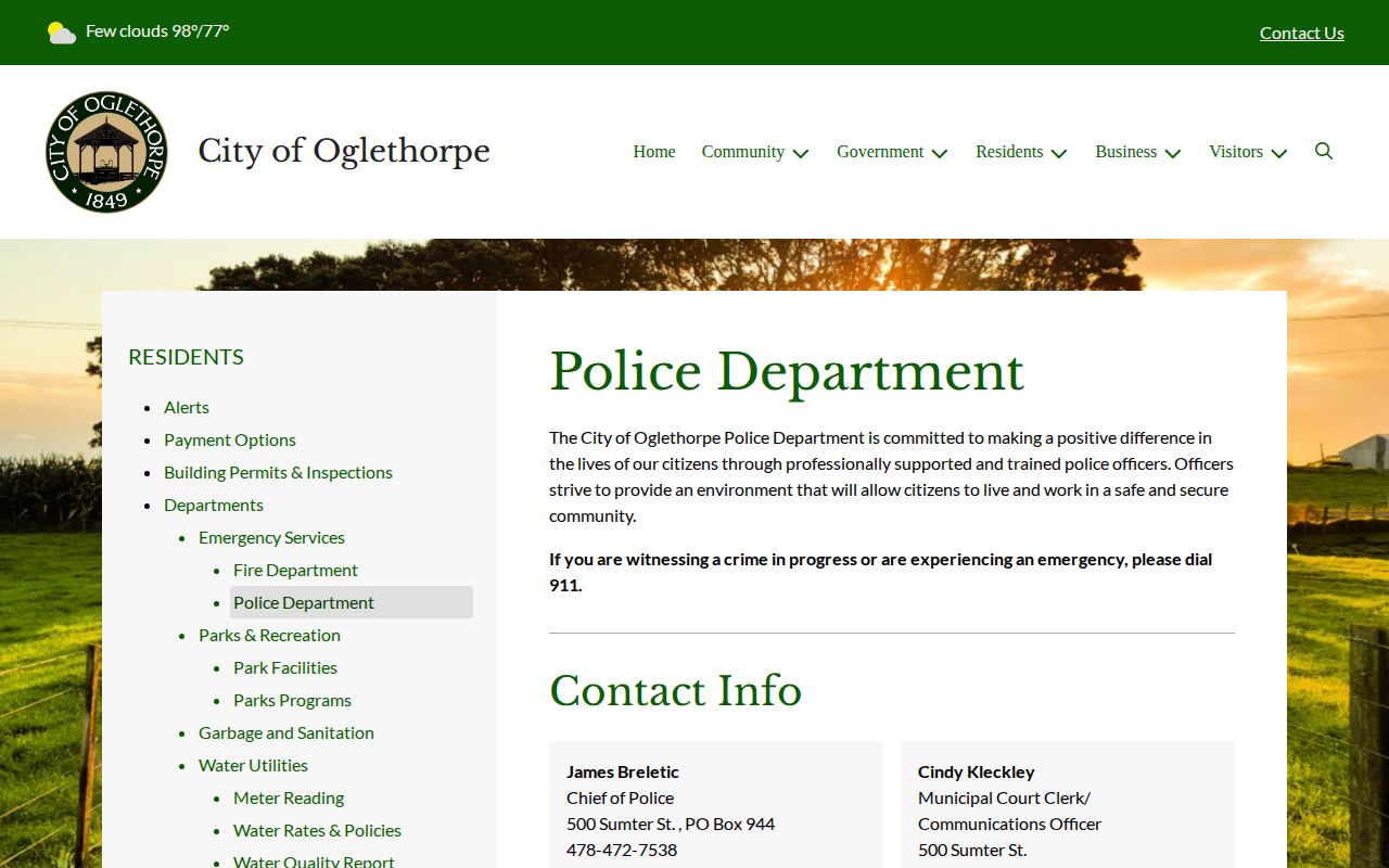 Macon County Oglethorpe Police Department contact page for city arrest records