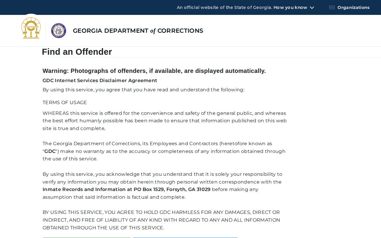 Macon County research view of the Georgia Department of Corrections offender search form for state custody records