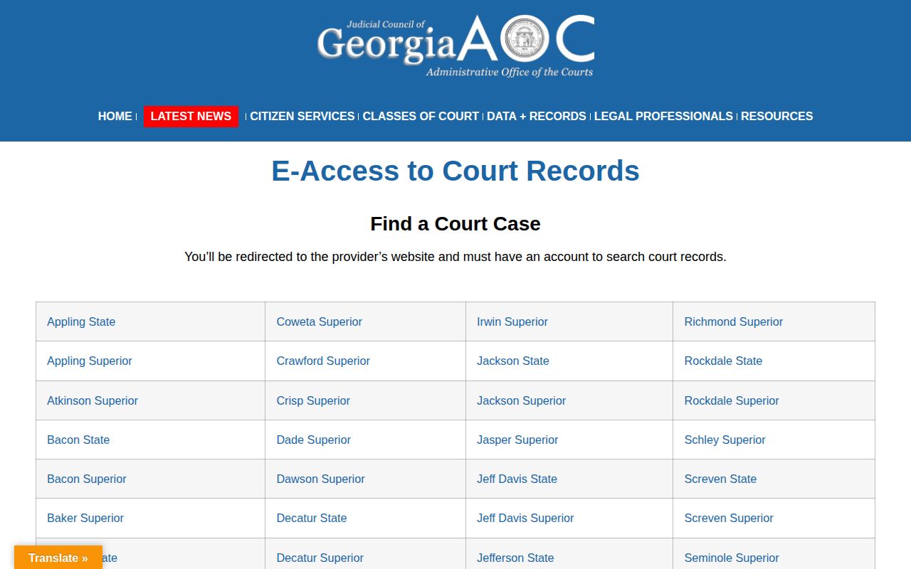 Georgia Courts e-access gateway for Macon County case disposition records